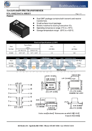 S1022_1 datasheet - T1/CEPT/ISDN-PRI TRANSFORMER