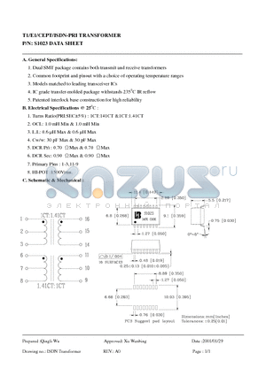 S1023 datasheet - T1/E1/CEPT/ISDN-PRI TRANSFORMER