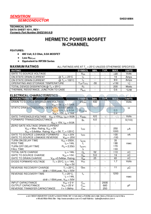 SHD218504 datasheet - HERMETIC POWER MOSFET N-CHANNEL