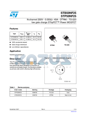 STB50NF25 datasheet - N-channel 250V - 0.055Y - 45A - D2PAK - TO-220 low gate charge STripFET Power MOSFET