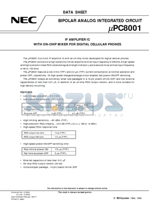 UPC8001GR-E1 datasheet - IF AMPLIFIER IC WITH ON-CHIP MIXER FOR DIGITAL CELLULAR PHONES