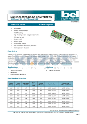 VRPB-10A18S datasheet - NON-ISOLATED DC/DC CONVERTERS 12V Input / 1.0 - 5.0V Output / 10A