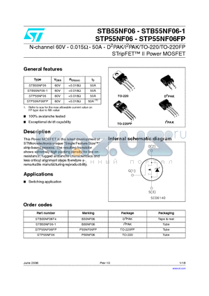 STB55NF06T4 datasheet - N-channel 60V - 0.015Y - 50A - D2PAK/I2PAK/TO-220/TO-220FP STripFET II Power MOSFET