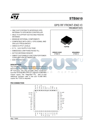 STB5610 datasheet - GPS RF FRONT-END IC