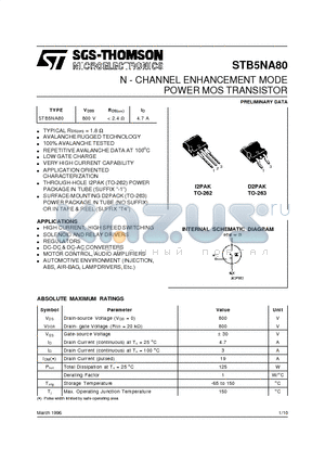 STB5NA80 datasheet - N - CHANNEL ENHANCEMENT MODE POWER MOS TRANSISTOR