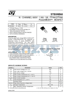 STB5NB60 datasheet - N - CHANNEL 600V - 1.8ohm - 5A - I2PAK/D2PAK PowerMESH MOSFET