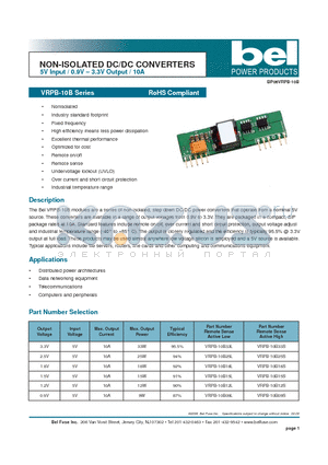 VRPB-10B09L datasheet - NON-ISOLATED DC/DC CONVERTERS 5V Input / 0.9V - 3.3V Output / 10A