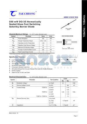 TCBAT42 datasheet - 200 mW DO-35 Hermetically Sealed Glass Fast Switching Schottky Barrier Diode