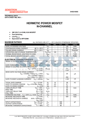 SHD219303 datasheet - HERMETIC POWER MOSFET N-CHANNEL