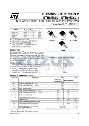 STB5NC50-1 datasheet - N-CHANNEL 500V - 1.3ohm - 5.5A TO-220/FP/D2PAK/I2PAK PowerMeshII MOSFET