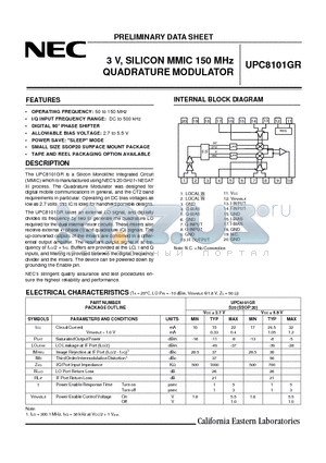 UPC8101GR-E2 datasheet - 3 V, SILICON MMIC 150 MHz QUADRATURE MODULATOR