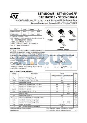 STB5NC90Z datasheet - N-CHANNEL 900V - 2.1ohm - 4.6A TO-220/FP/DbPAK/IbPAK Zener-Protected PowerMESHIII MOSFET