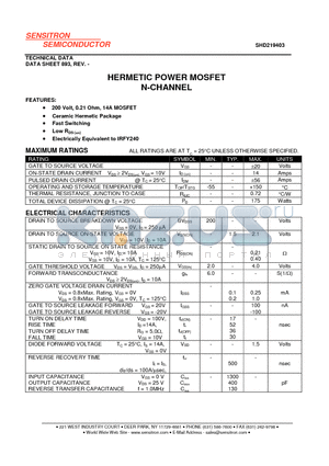 SHD219403 datasheet - HERMETIC POWER MOSFET N-CHANNEL