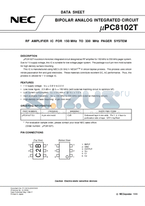 UPC8102T datasheet - RF AMPLIFIER IC FOR 150 MHz TO 330 MHz PAGER SYSTEM