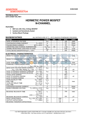 SHD219405 datasheet - HERMETIC POWER MOSFET N-CHANNEL