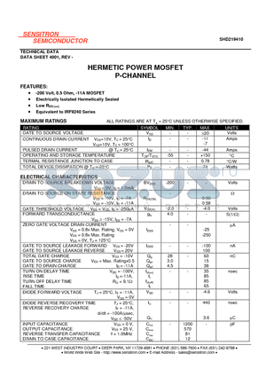 SHD219410 datasheet - HERMETIC POWER MOSFET P-CHANNEL