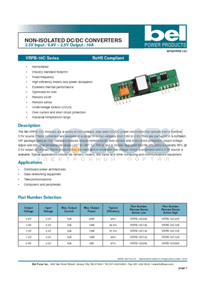 VRPB-10C datasheet - NON-ISOLATED DC/DC CONVERTERS 3.3V Input / 0.9V - 2.5V Output / 10A