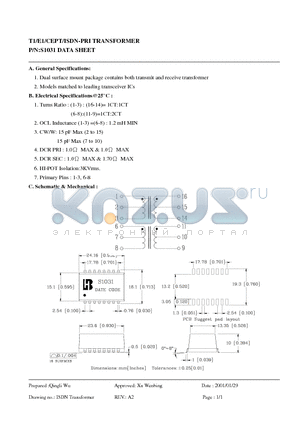 S1031 datasheet - T1/E1/CEPT/ISDN-PRI TRANSFORMER