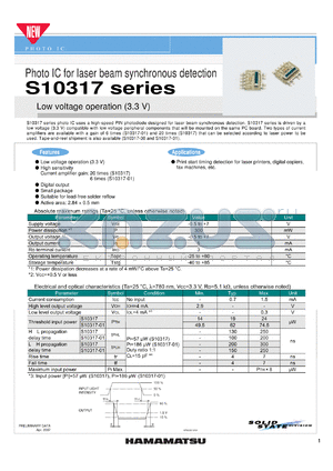 S10317 datasheet - Photo IC for laser beam synchronous detection Low voltage operation (3.3 V)