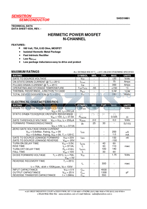 SHD219601 datasheet - HERMETIC POWER MOSFET N-CHANNEL