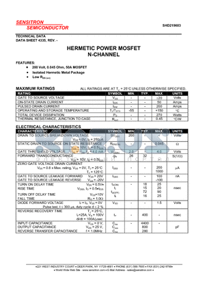 SHD219603 datasheet - HERMETIC POWER MOSFET N-CHANNEL