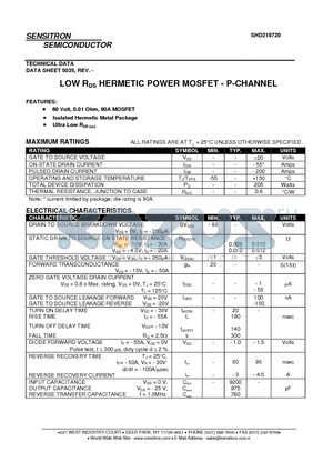 SHD219720 datasheet - LOW RDS HERMETIC POWER MOSFET - P-CHANNEL