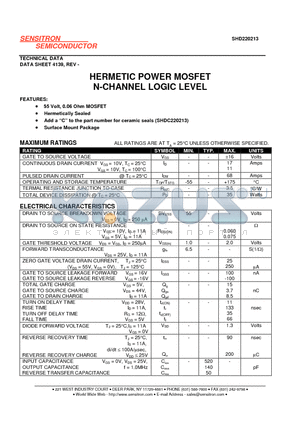 SHD220213 datasheet - HERMETIC POWER MOSFET N-CHANNEL LOGIC LEVEL