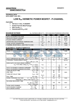 SHD220721 datasheet - LOW RDS HERMETIC POWER MOSFET - P-CHANNEL