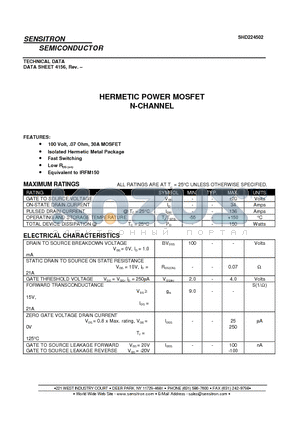 SHD224502 datasheet - HERMETIC POWER MOSFET N-CHANNEL