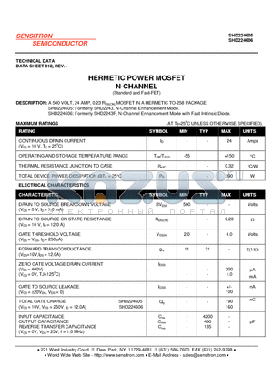 SHD224605 datasheet - HERMETIC POWER MOSFET N-CHANNEL