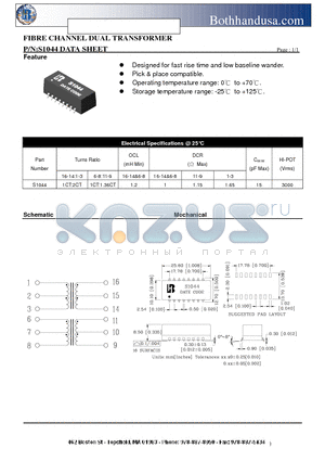 S1044_1 datasheet - FIBRE CHANNEL DUAL TRANSFORMER