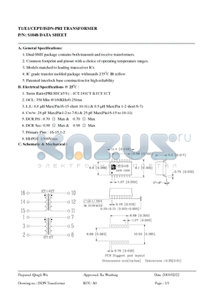 S1048 datasheet - T1/E1/CEPT/ISDN-PRI TRANSFORMER