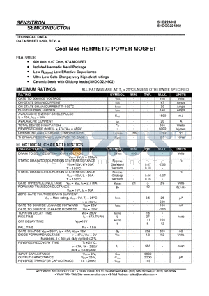 SHD224802 datasheet - Cool-Mos HERMETIC POWER MOSFET