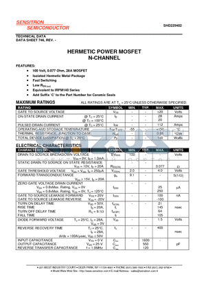 SHD225402 datasheet - HERMETIC POWER MOSFET N-CHANNEL