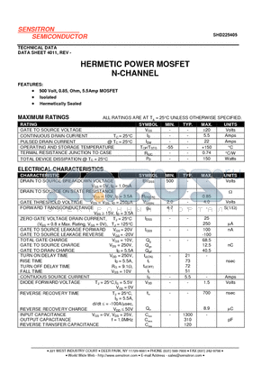 SHD225405 datasheet - HERMETIC POWER MOSFET N-CHANNEL
