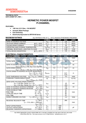 SHD225409 datasheet - HERMETIC POWER MOSFET P-CHANNEL