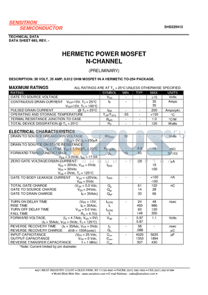 SHD225413 datasheet - HERMETIC POWER MOSFET N-CHANNEL