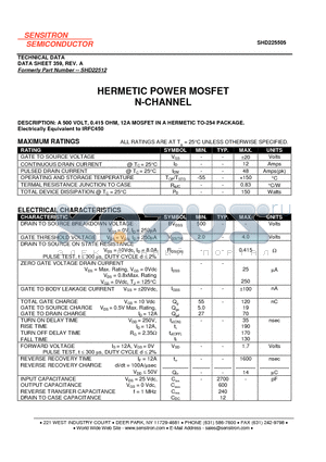 SHD225505 datasheet - HERMETIC POWER MOSFET N-CHANNEL