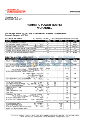 SHD225505B datasheet - HERMETIC POWER MOSFET N-CHANNEL