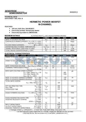 SHD225512 datasheet - HERMETIC POWER MOSFET N-CHANNEL