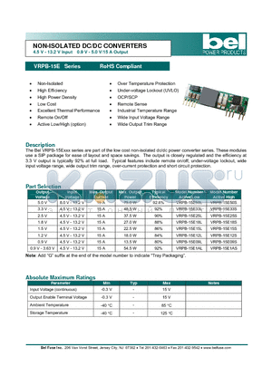 VRPB-15E09L datasheet - NON-ISOLATED DC/DC CONVERTERS 4.5 V - 13.2 V Input 0.9 V - 5.0 V/15 A Output