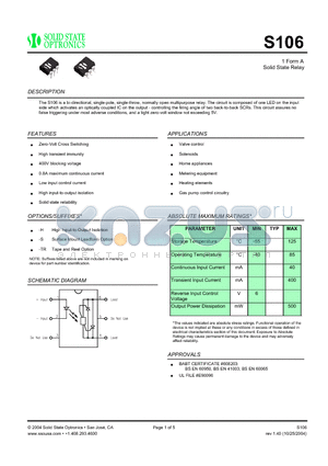 S106 datasheet - 1 Form A Solid State Relay