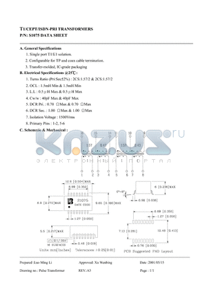 S1075 datasheet - T1/CEPT/ISDN-PRI TRANSFORMERS