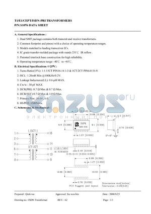 S1076 datasheet - T1/E1/CEPT/ISDN-PRI TRANSFORMERS