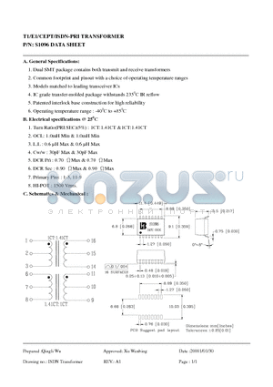 S1096 datasheet - T1/E1/CEPT/ISDN-PRI TRANSFORMER