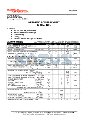 SHD225609 datasheet - HERMETIC POWER MOSFET N-CHANNEL