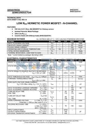 SHD225701 datasheet - LOW RDS HERMETIC POWER MOSFET - N-CHANNEL
