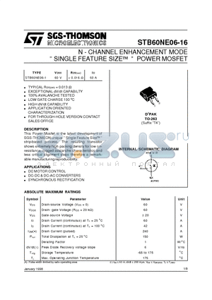 STB60NE06-16 datasheet - N - CHANNEL ENHANCEMENT MODE SINGLE FEATURE SIZE POWER MOSFET