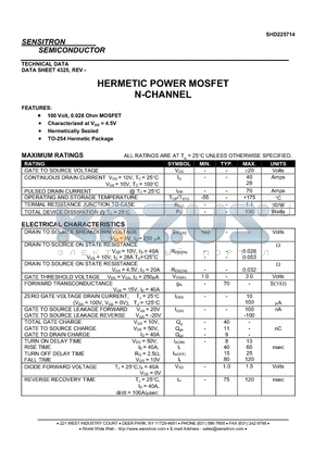 SHD225714 datasheet - HERMETIC POWER MOSFET N-CHANNEL