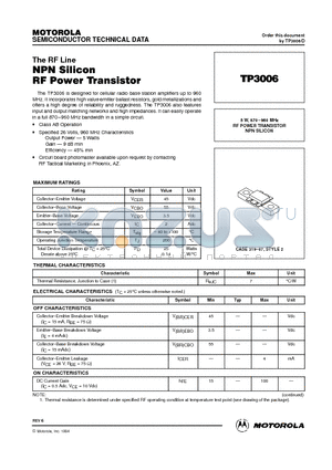 TP3006 datasheet - RF POWER TRANSISTOR NPN SILICON